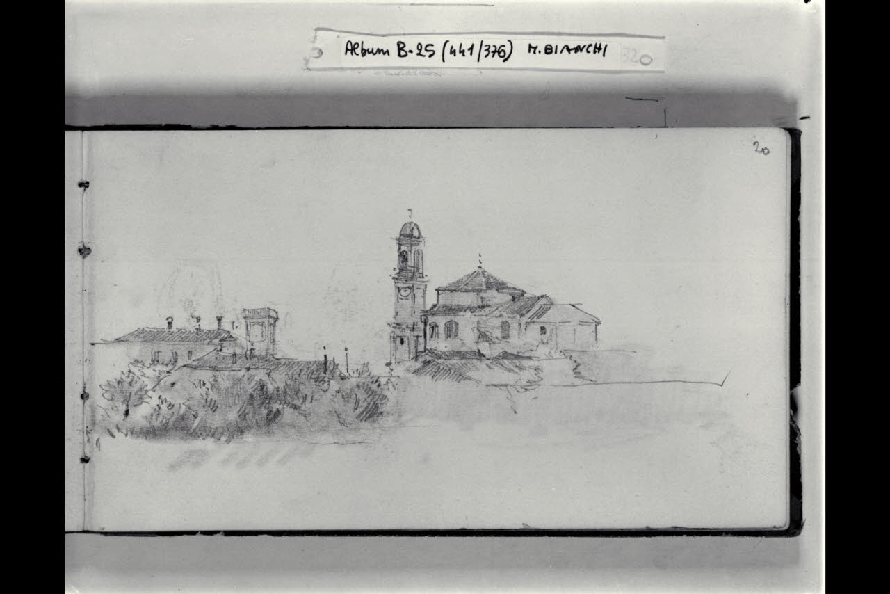 Veduta con case e una chiesa (disegno) di Bianchi, Mosè; Bianchi, Mosè (seconda metà sec. XIX)