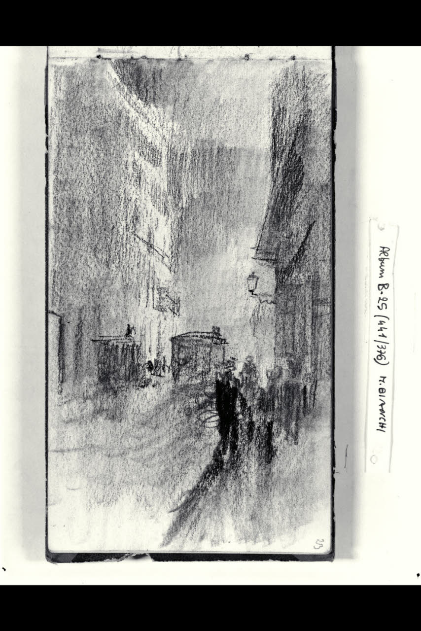 Strada urbana con tranvai a cavalli e macchiette (disegno) di Bianchi, Mosè; Bianchi, Mosè (seconda metà sec. XIX)