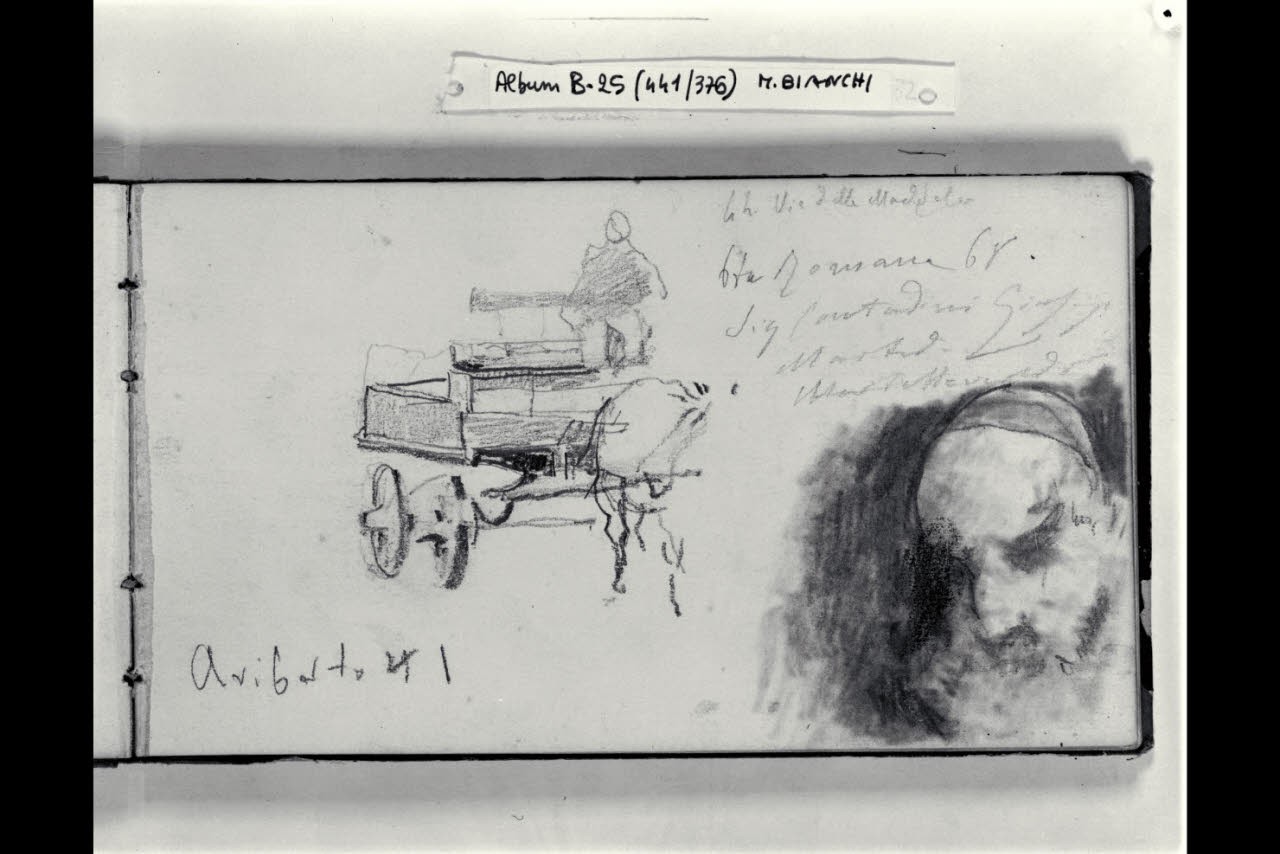 Abbozzo di un carro da lavandaio e testa di vecchio barbuto (disegno) di Bianchi, Mosè; Bianchi, Mosè (seconda metà sec. XIX)
