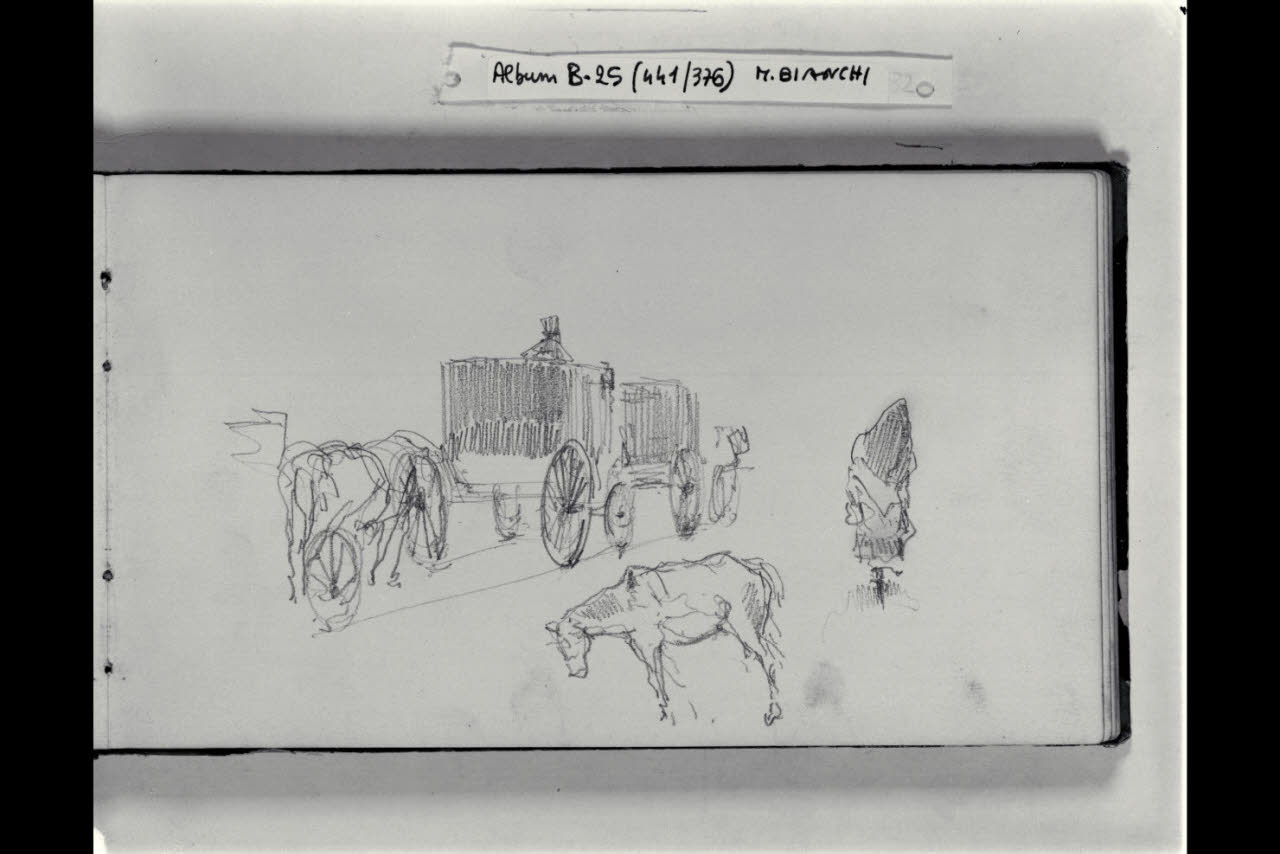 Sosta di vetture pubbliche chiuse, schizzo di un cavallo e di una figuretta femminile (disegno) di Bianchi, Mosè; Bianchi, Mosè (seconda metà sec. XIX)