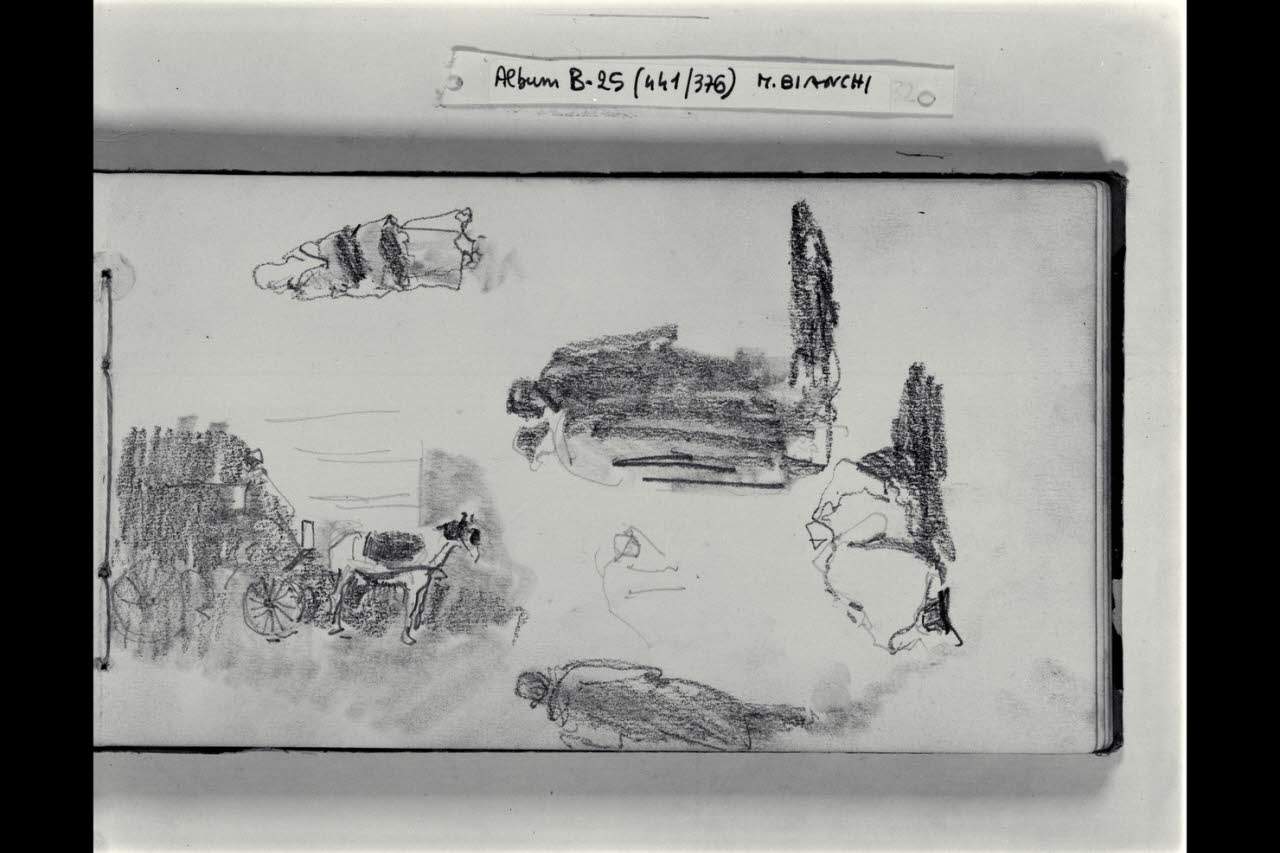 Vettura pubblica chiusa e figurette maschili e femminili (disegno) di Bianchi, Mosè; Bianchi, Mosè (seconda metà sec. XIX)