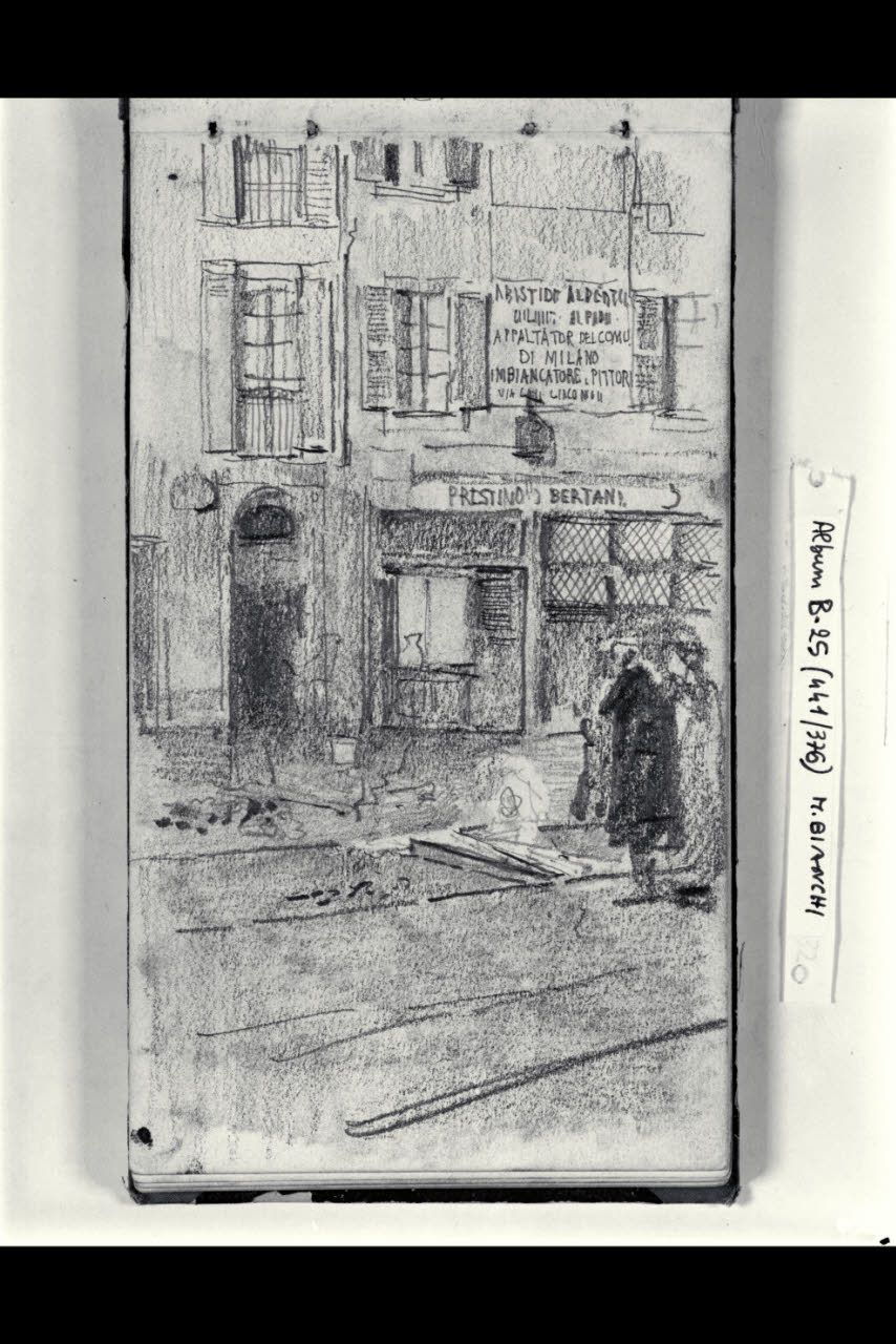 Particolare della facciata di una casa con figurette sulla via (disegno) di Bianchi, Mosè; Bianchi, Mosè (seconda metà sec. XIX)