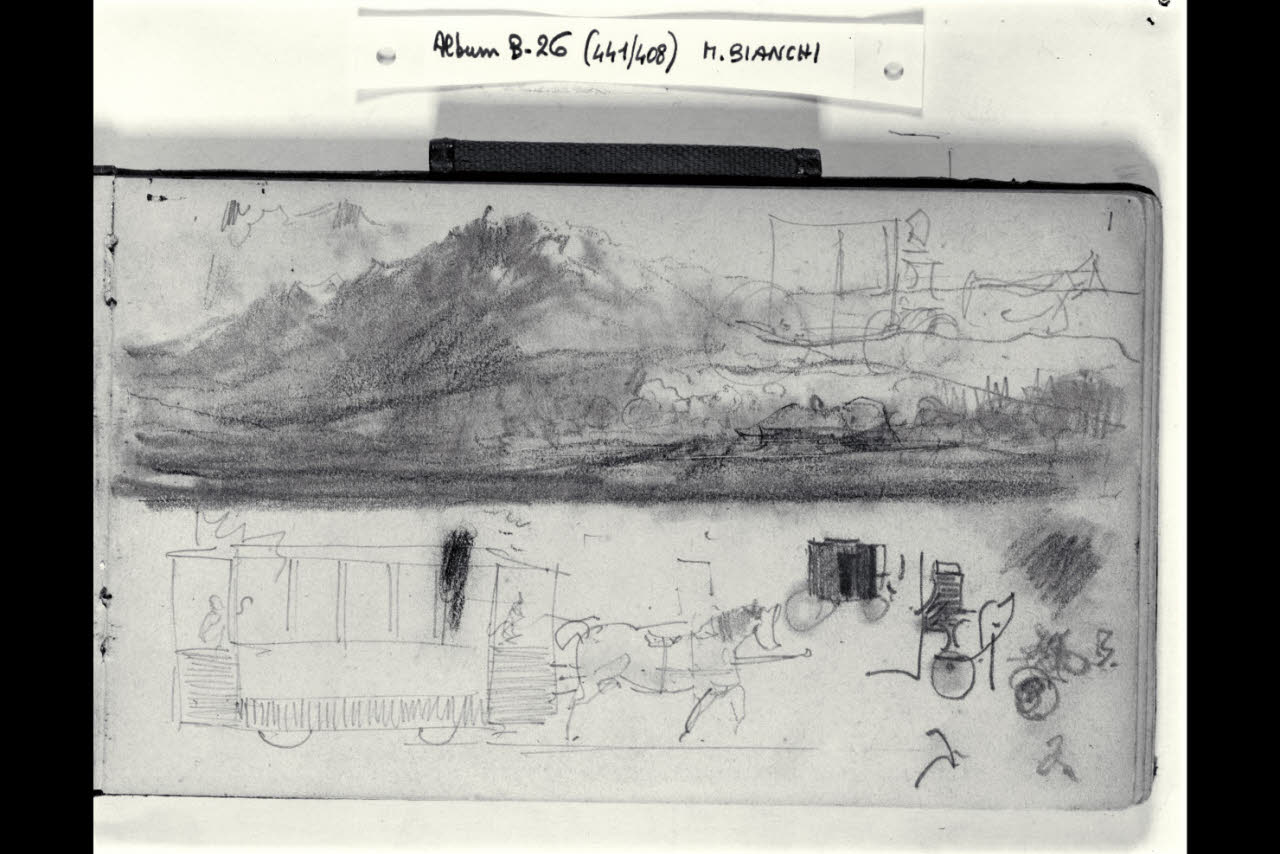 Paesaggio montuoso. Tranvai a cavalli. Vettura pubblica chiusa (disegno) di Bianchi, Mosè; Bianchi, Mosè (seconda metà sec. XIX)