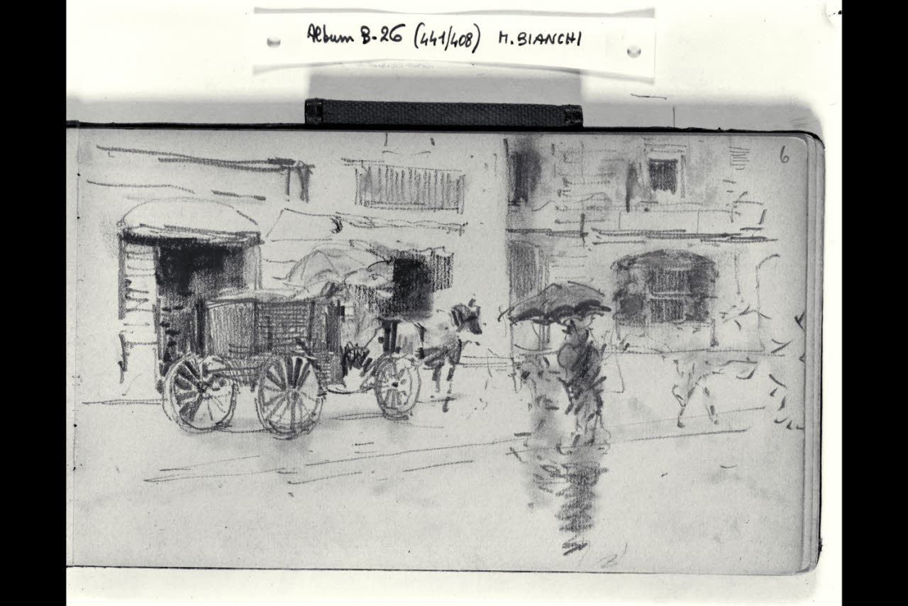 Strada urbana con una vettura chiusa e una figuretta sotto la pioggia (disegno) di Bianchi, Mosè; Bianchi, Mosè (seconda metà sec. XIX)