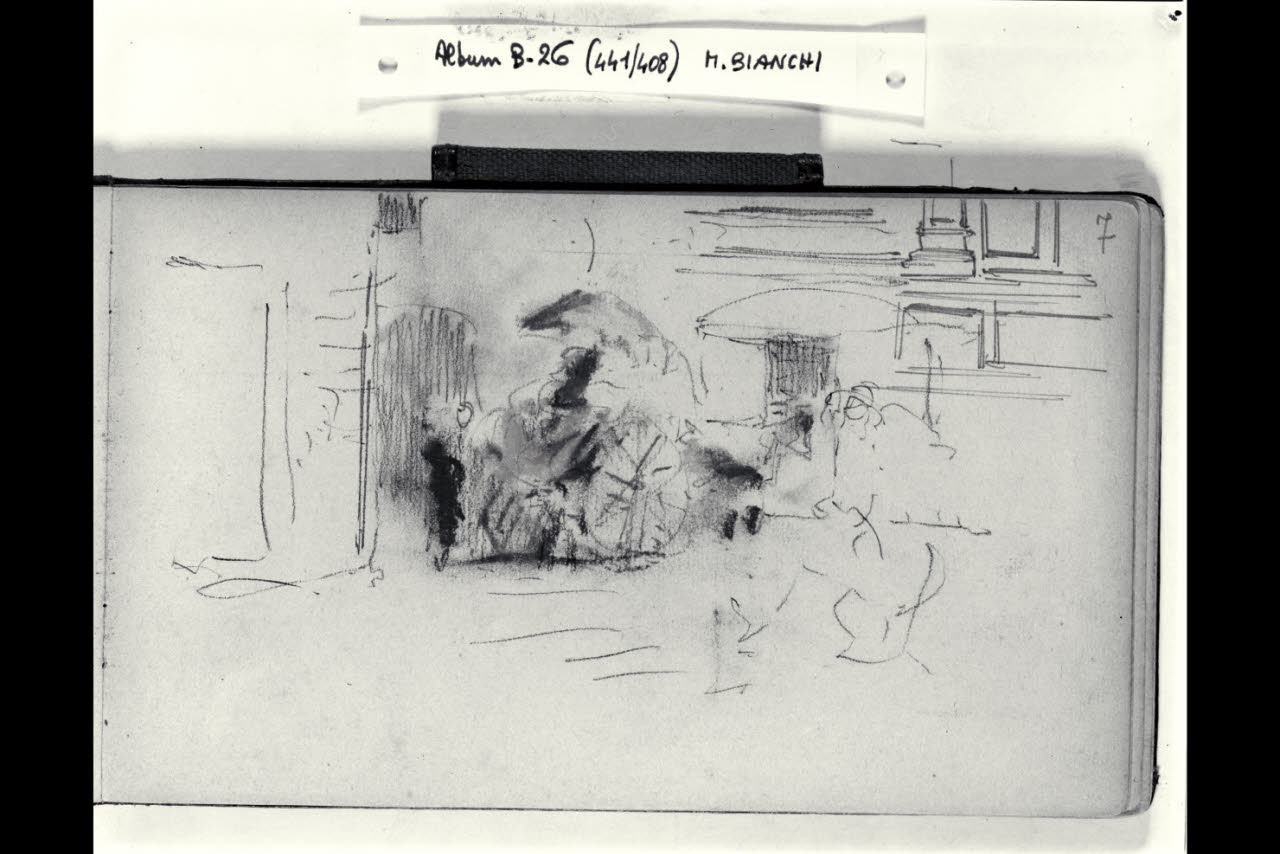 Strada urbana con una vettura aperta ferma e una macchietta (disegno) di Bianchi, Mosè; Bianchi, Mosè (seconda metà sec. XIX)