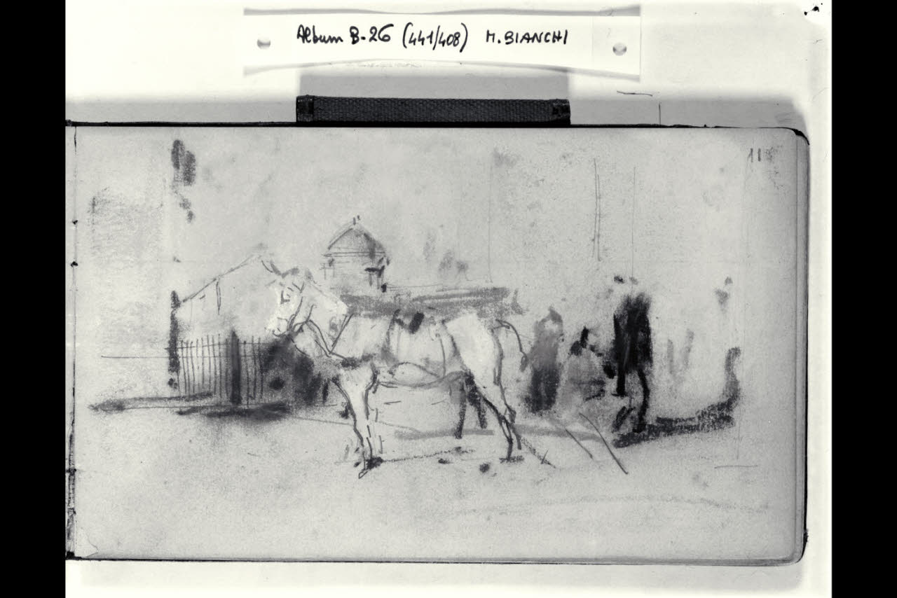 Strada urbana con macchiette e cavallo stante (disegno) di Bianchi, Mosè; Bianchi, Mosè (seconda metà sec. XIX)