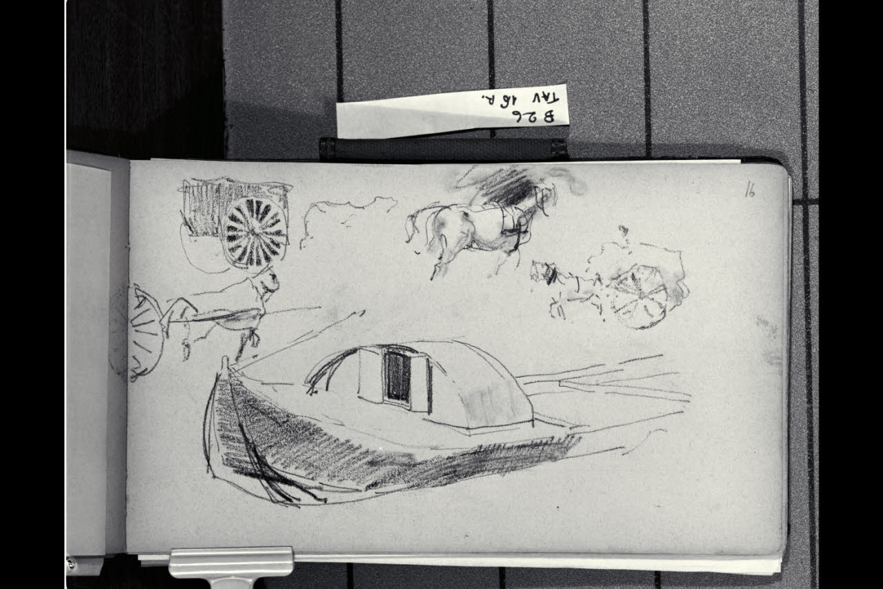 Particolare di una chiatta. Carri a due ruote con cavalli in cammino (disegno) di Bianchi, Mosè; Bianchi, Mosè (seconda metà sec. XIX)