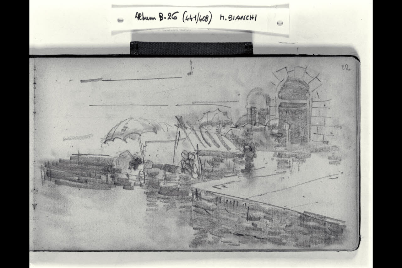 Canale con imbarcazioni, ombrelloni e tende (disegno) di Bianchi, Mosè; Bianchi, Mosè (seconda metà sec. XIX)