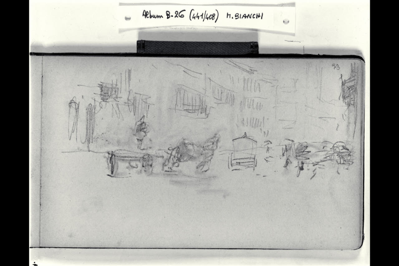Strada urbana con macchietta, un carro e una carrozza chiusa (disegno) di Bianchi, Mosè; Bianchi, Mosè (seconda metà sec. XIX)