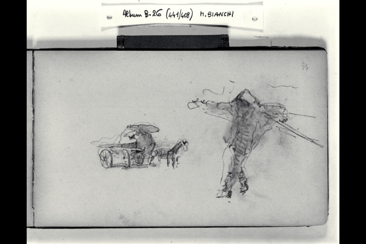 Carro con cavallo e schizzo della figura di un guidatore di chiatte (disegno) di Bianchi, Mosè; Bianchi, Mosè (seconda metà sec. XIX)