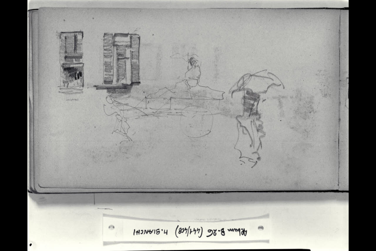 Schizzo di due finestre, di un carro e di una figuretta femminile sotto un parapioggia (disegno) di Bianchi, Mosè; Bianchi, Mosè (seconda metà sec. XIX)