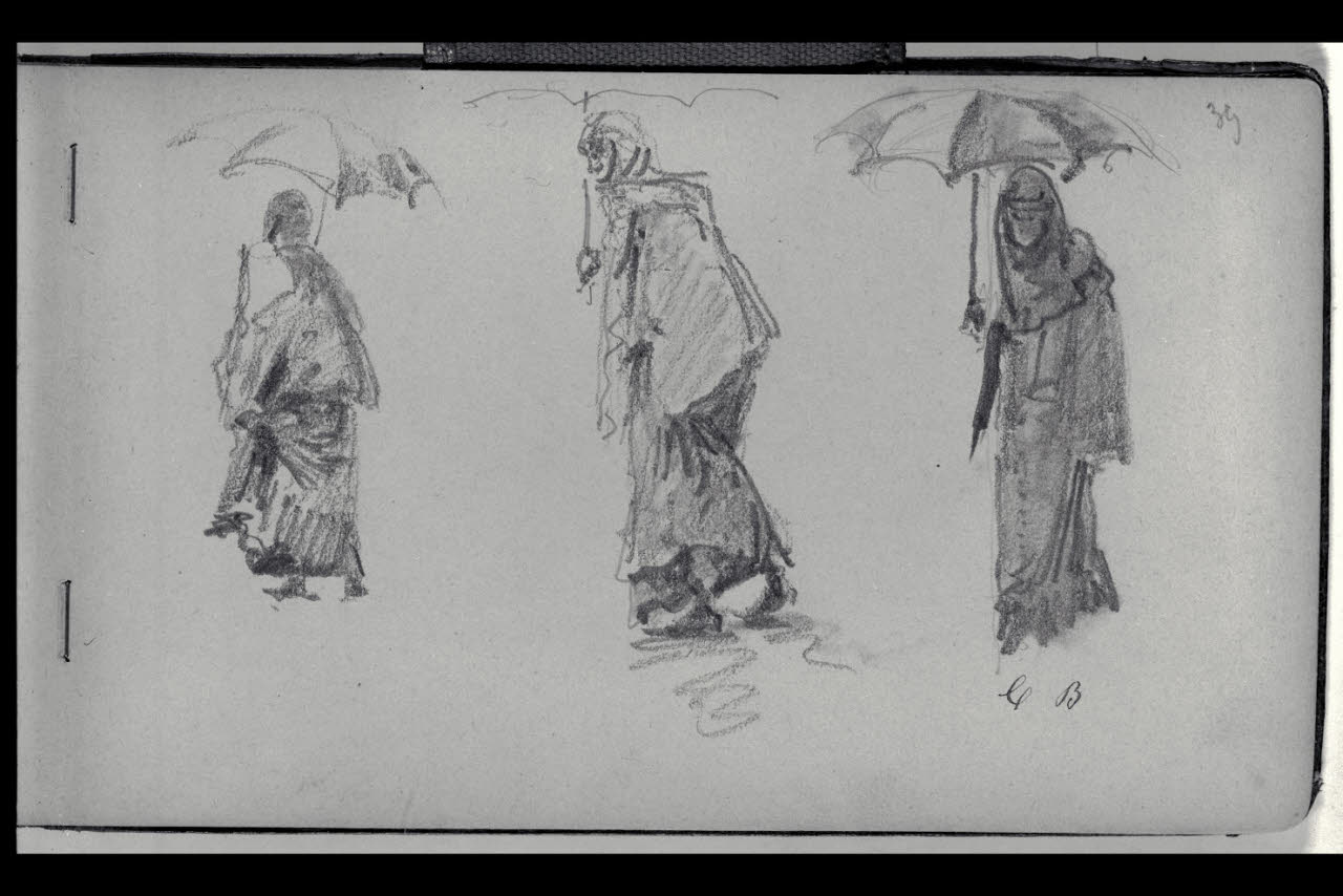 Tre figurette femminili con ombrello (disegno) di Bianchi, Mosè; Bianchi, Mosè (seconda metà sec. XIX)