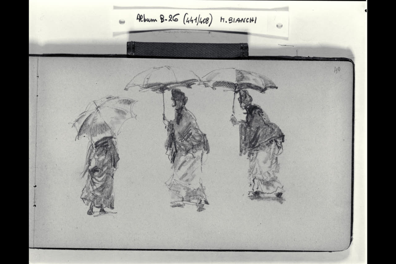 Tre figurette femminili con ombrelli (disegno) di Bianchi, Mosè; Bianchi, Mosè (seconda metà sec. XIX)