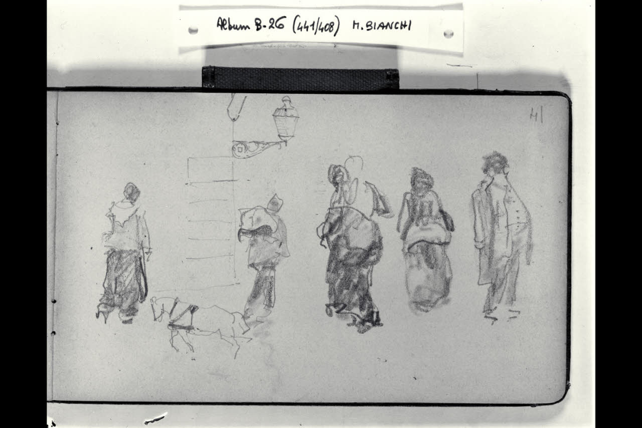 Strada con figurette maschili e femminili e schizzo di un cavallo (disegno) di Bianchi, Mosè; Bianchi, Mosè (seconda metà sec. XIX)