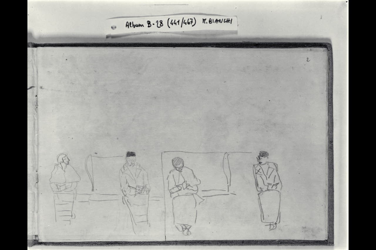 Abbozzo di figurette sedute sui sedili di una vettura (disegno) di Bianchi, Mosè; Bianchi, Mosè (seconda metà sec. XIX)