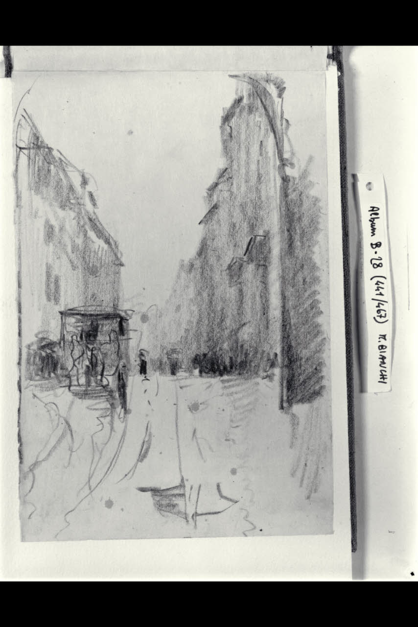 Strada urbana con tranvai a cavalli in corsa (disegno) di Bianchi, Mosè; Bianchi, Mosè (seconda metà sec. XIX)