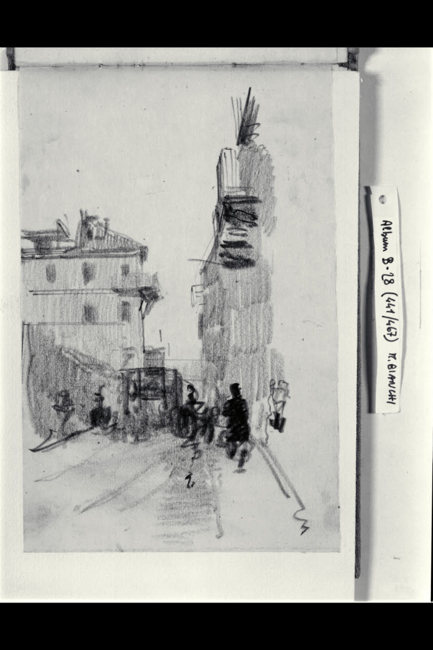 Strada urbana con macchiette (disegno) di Bianchi, Mosè; Bianchi, Mosè (seconda metà sec. XIX)