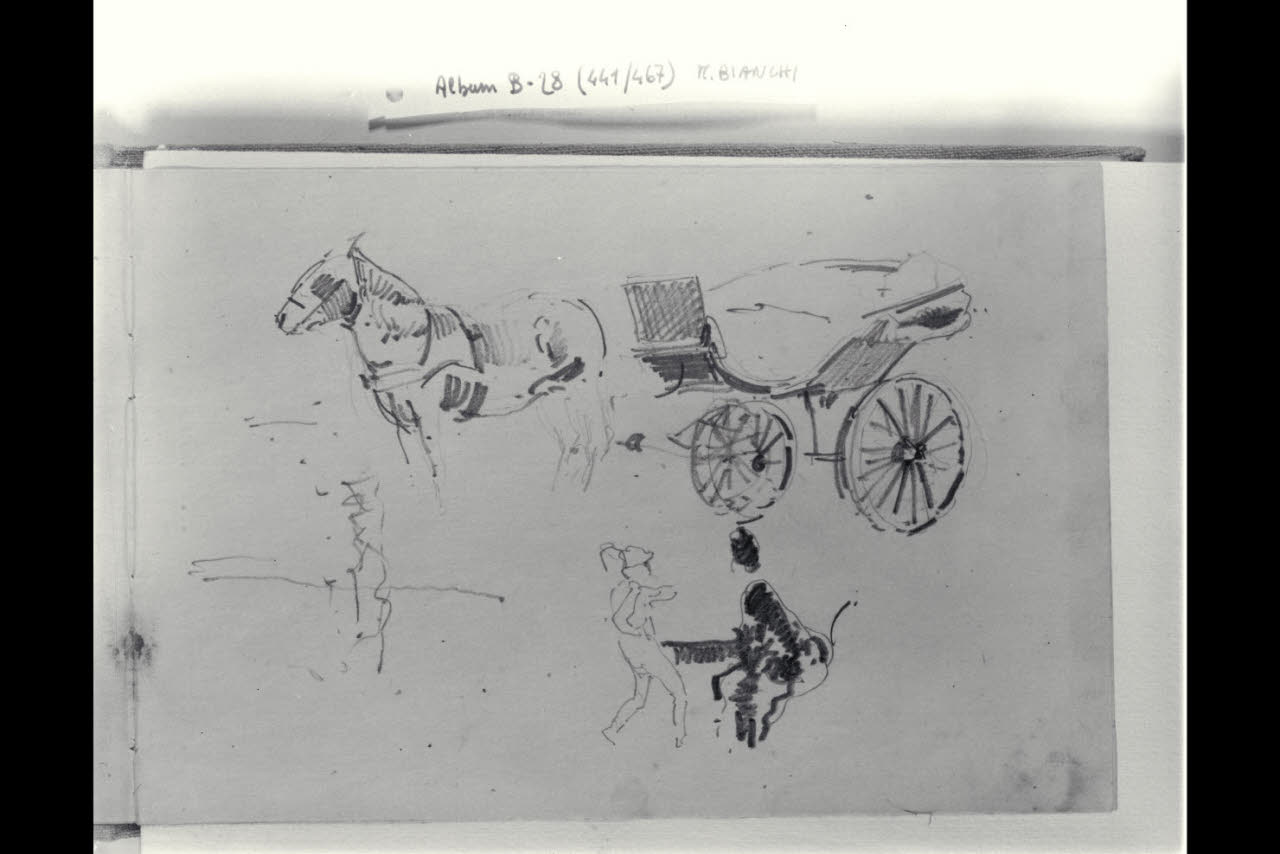 Cavallo attaccato a una carrozza aperta e due figurette (disegno) di Bianchi, Mosè; Bianchi, Mosè (seconda metà sec. XIX)