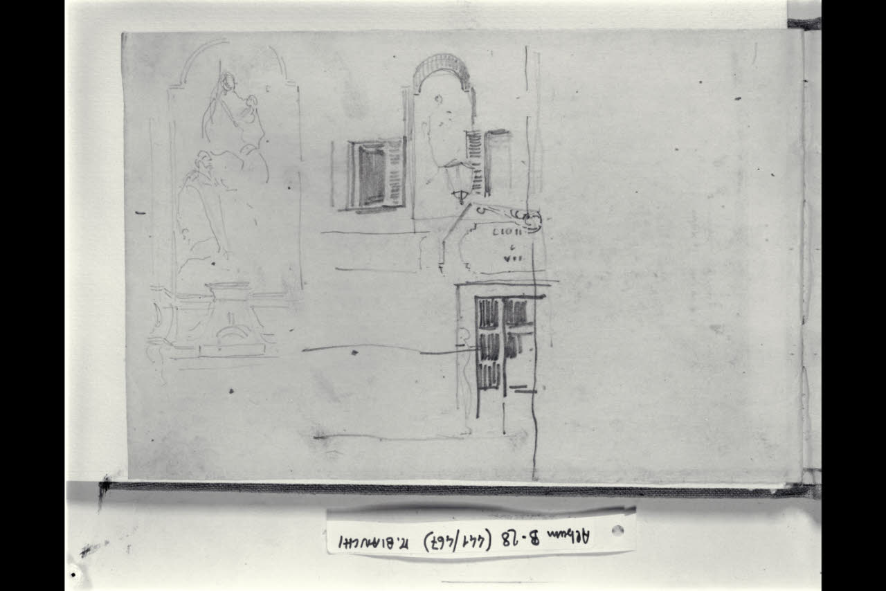 Particolare della facciata di una casa con abbozzo di una composizione religiosa dipinta (disegno) di Bianchi, Mosè; Bianchi, Mosè (seconda metà sec. XIX)