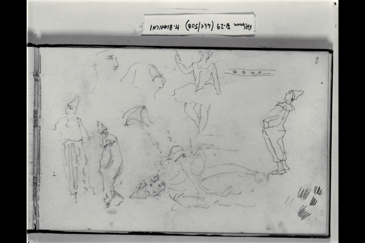 Abbozzi di teste e di figure di saltimbanchi e della figura di una ballerina (disegno) di Bianchi, Mosè; Bianchi, Mosè (seconda metà sec. XIX)