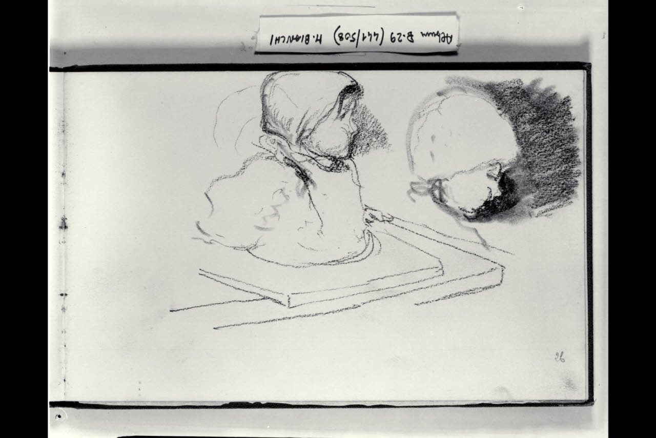 Bimbo nel girello e particolare della testa (disegno) di Bianchi, Mosè; Bianchi, Mosè (seconda metà sec. XIX)