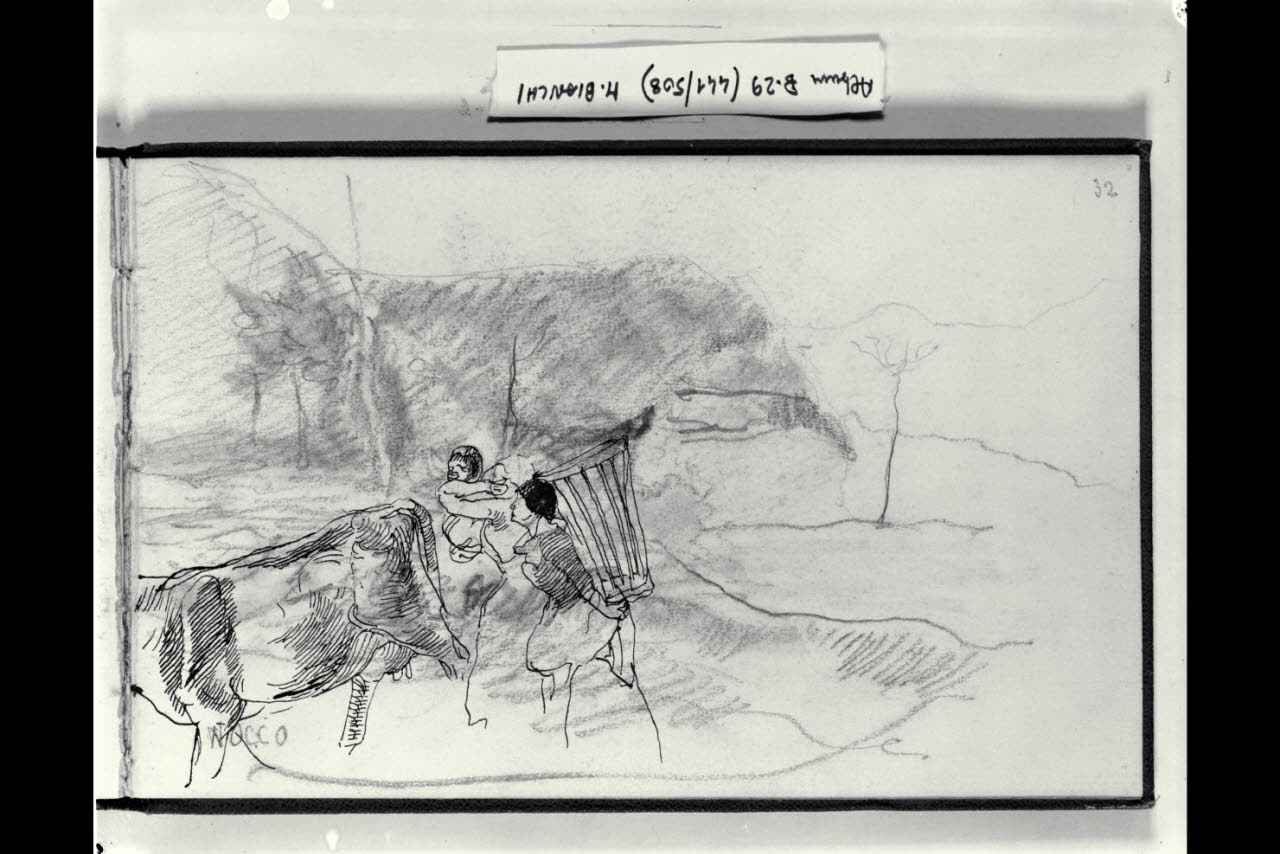 Abbozzo di un paesaggio con contadini e bovino (disegno) di Bianchi, Mosè; Bianchi, Mosè (seconda metà sec. XIX)