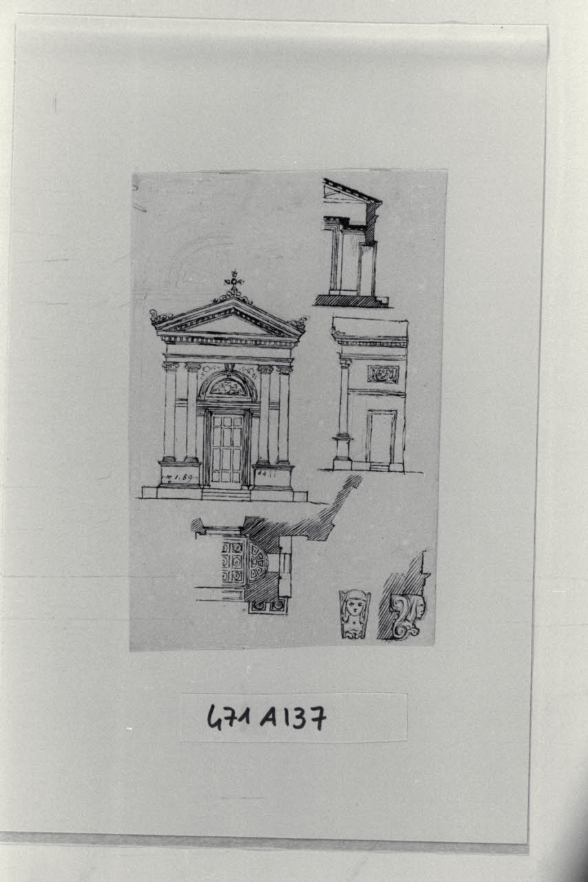 Prospetto, sezione, fianco e particolari decorativi per una cappella, Prospetto, sezione, fianco e particolari decorativi per una cappella (disegno) di Bianconi, Giacomo (sec. XIX)