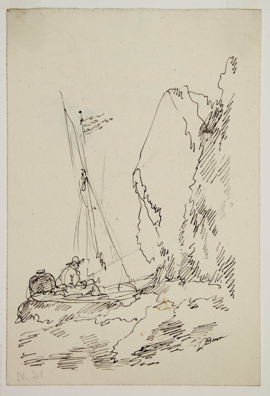 Imbarcazione con pescatore e con scogliera, Imbarcazione con pescatore e con scogliera (disegno) di Bison, Giuseppe Bernardino (secc. XVIII/ XIX)