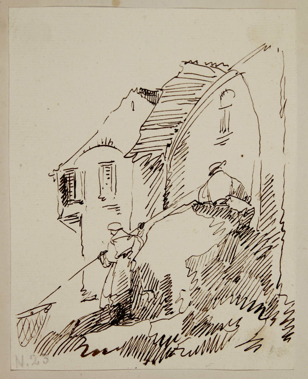Casolari con antistante un grande masso sul quale è seduto un uomo, e vi è appoggiata una donna in atto di pescare, Casolari con antistante un grande masso sul quale è seduto un uomo, e vi è appoggiata una donna in atto di pescare (disegno) di Bison, Giuseppe Bernardino (secc. XVIII/ XIX)