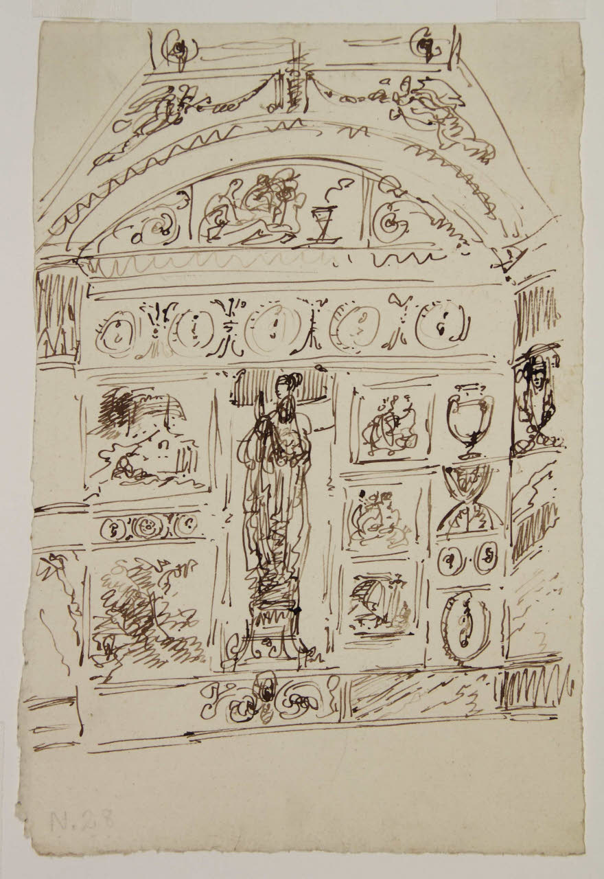 Studio architettonico con statua al centro, Studio architettonico con statua al centro (disegno) di Bison, Giuseppe Bernardino (secc. XVIII/ XIX)