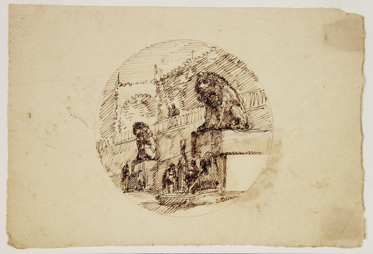 Fontana monumentale con macchiette e palazzo sullo sfondo, Fontana monumentale con macchiette e palazzo sullo sfondo (disegno) di Bison, Giuseppe Bernardino (secc. XVIII/ XIX)