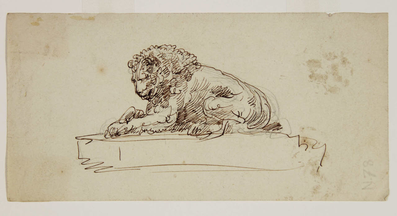 Leone accovacciato su di un basamento, Leone accovacciato su di un basamento (disegno) di Bison, Giuseppe Bernardino (secc. XVIII/ XIX)