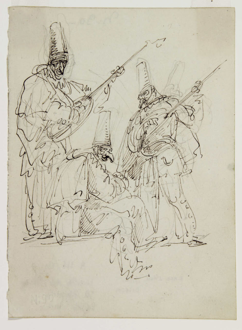 Tre figure maschili mascherate con strumenti musicali, Tre figure maschili mascherate con strumenti musicali (disegno) di Bison, Giuseppe Bernardino (secc. XVIII/ XIX)