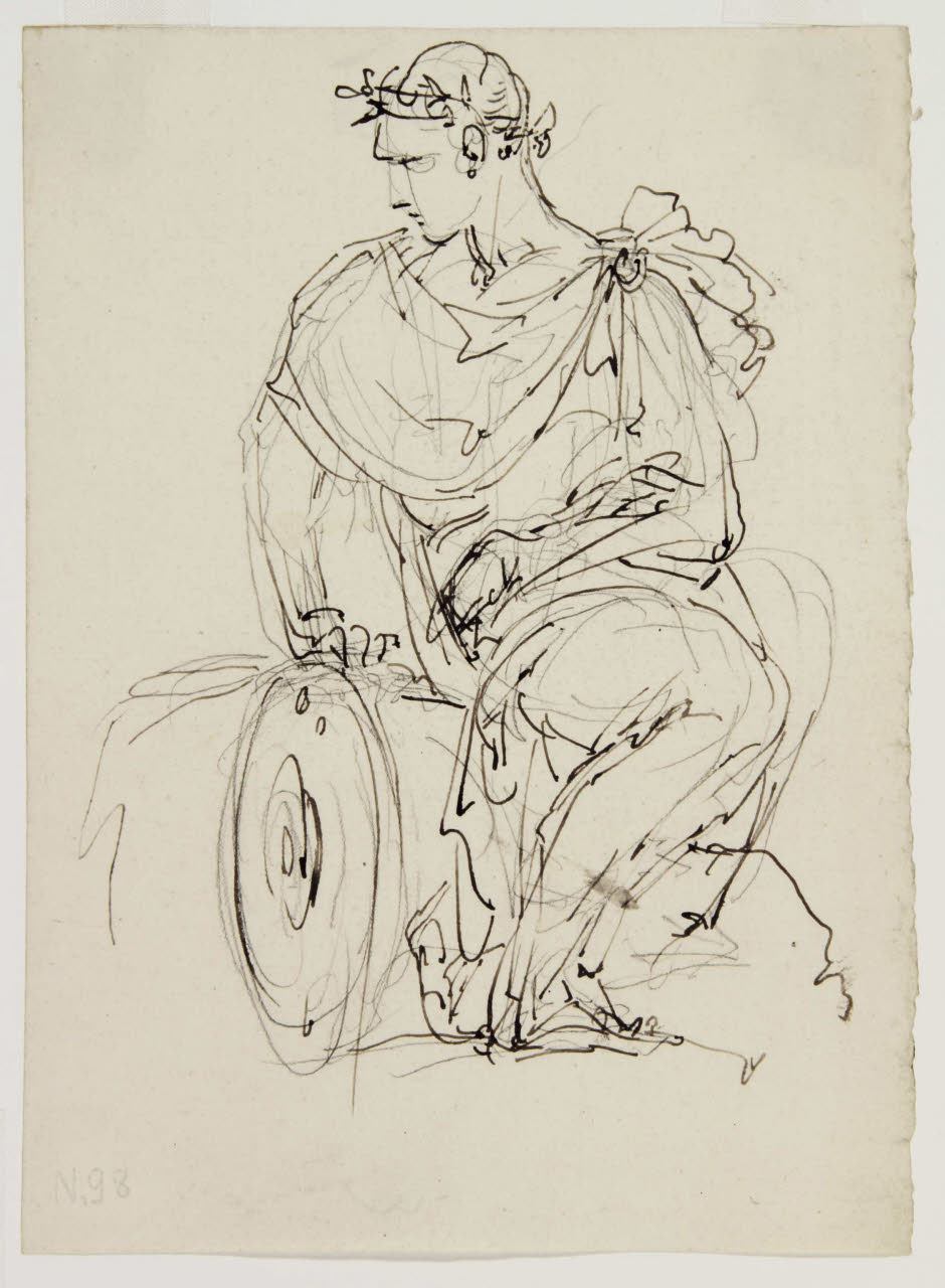 Figura maschile seduta togata e coronata di alloro, Figura maschile seduta togata e coronata di alloro (disegno) di Bison, Giuseppe Bernardino (secc. XVIII/ XIX)