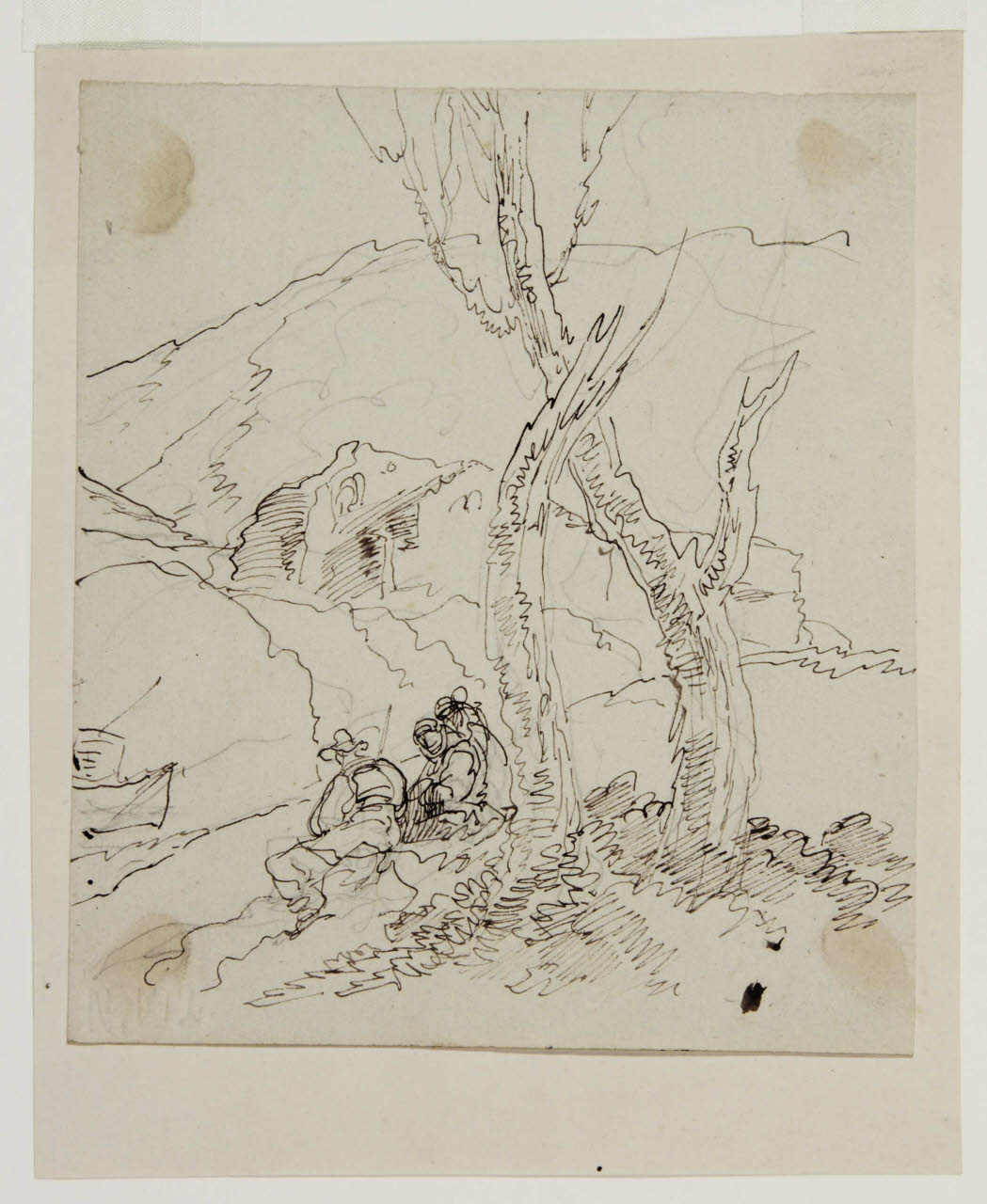 Paesaggio di montagna con casolari e tre figure sedute ai piedi di due alberi spogli, Paesaggio di montagna con casolari e tre figure sedute ai piedi di due alberi spogli (disegno) di Bison, Giuseppe Bernardino (secc. XVIII/ XIX)