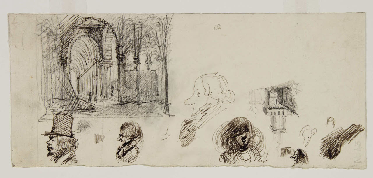 Studi di teste e schizzi prospettici di un porticato e della torre di un castello, Studi di teste e schizzi prospettici di un porticato e della torre di un castello (disegno) di Bison, Giuseppe Bernardino (secc. XVIII/ XIX)