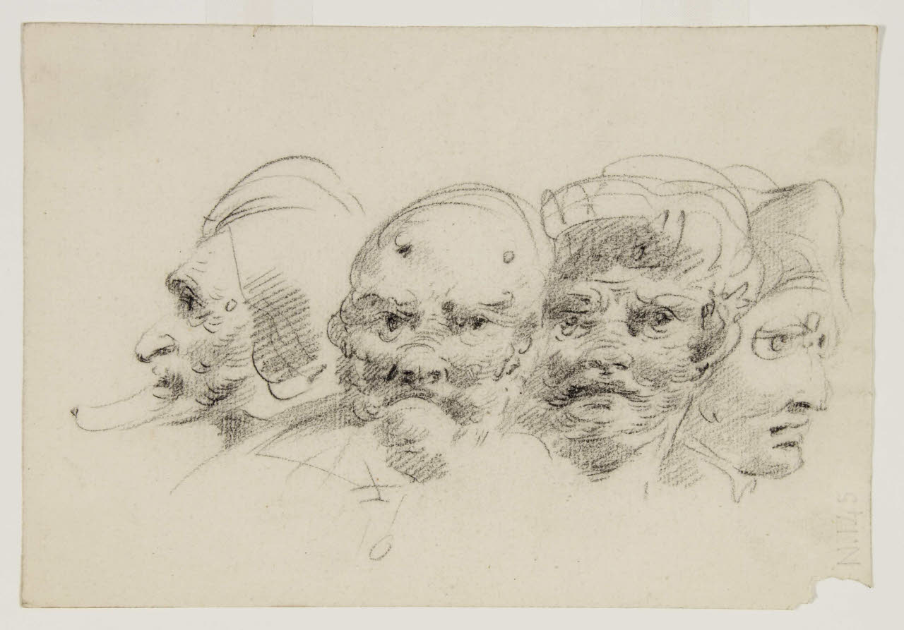 Quattro teste maschili grottesche, Quattro teste maschili grottesche (disegno) di Bison, Giuseppe Bernardino (secc. XVIII/ XIX)