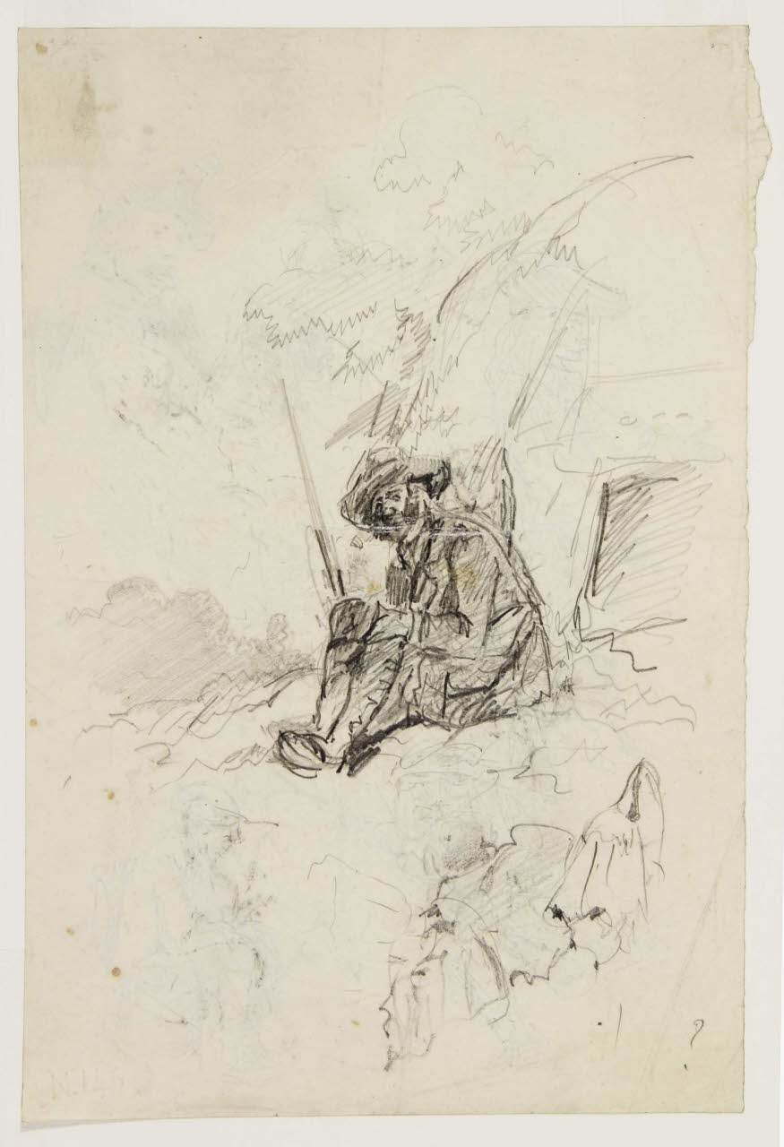 Abbozzo di paesaggio con cacciatore seduto, Abbozzo di paesaggio con cacciatore seduto (disegno) di Bison, Giuseppe Bernardino (secc. XVIII/ XIX)