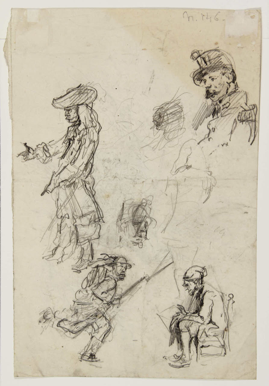 Uomo seduto e vari studi di soldati, Uomo seduto e vari studi di soldati (disegno) di Bison, Giuseppe Bernardino (secc. XVIII/ XIX)