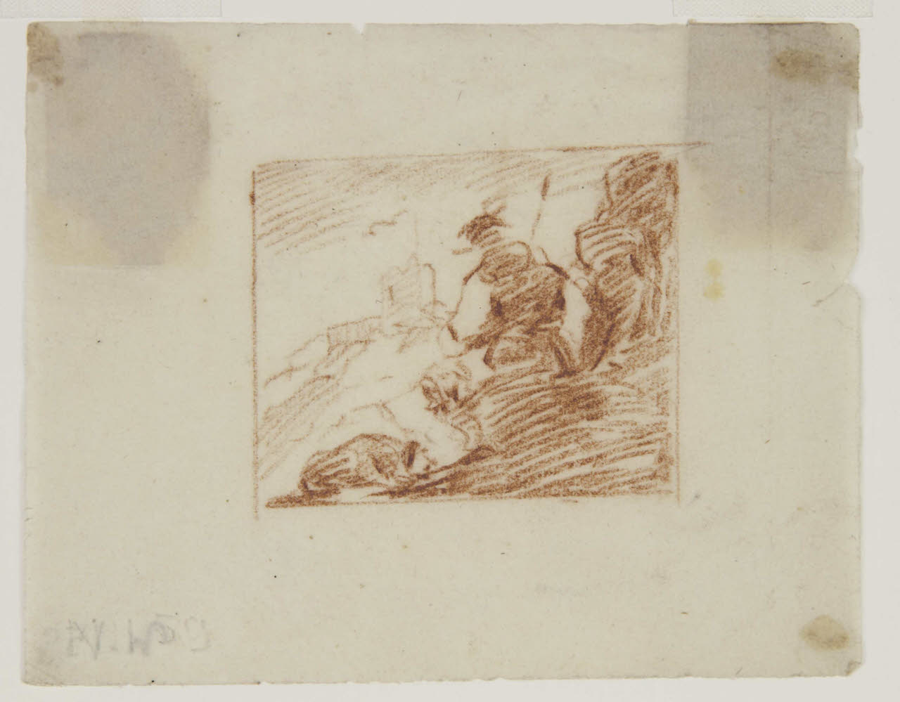 Paesaggio con figura maschile seduta in primo piano, Paesaggio con figura maschile seduta in primo piano (disegno) di Bison, Giuseppe Bernardino (secc. XVIII/ XIX)