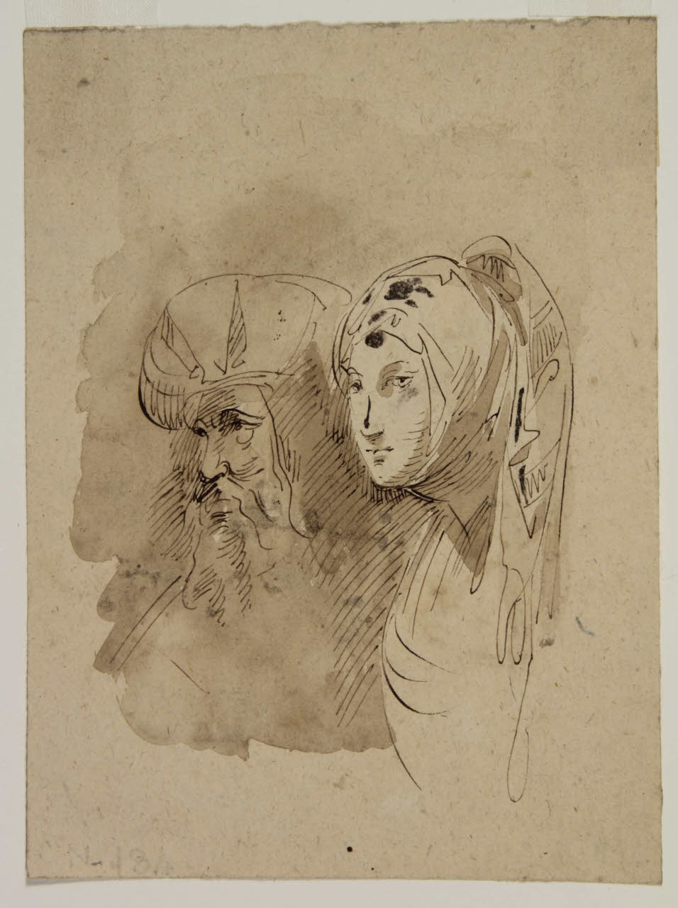 Una testa maschile e una femminile con copricapi di foggia orientale, Una testa maschile e una femminile con copricapi di foggia orientale (disegno) di Bison, Giuseppe Bernardino (secondo quarto sec. XIX)