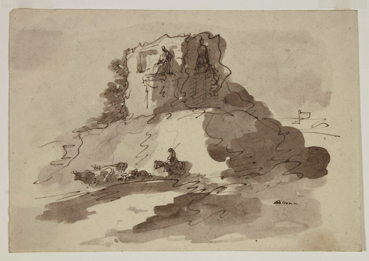Paesaggio con macchiete e un rilievo sovrastato da un edificio, Paesaggio con macchiete e un rilievo sovrastato da un edificio (disegno) di Bison, Giuseppe Bernardino (secc. XVIII/ XIX)