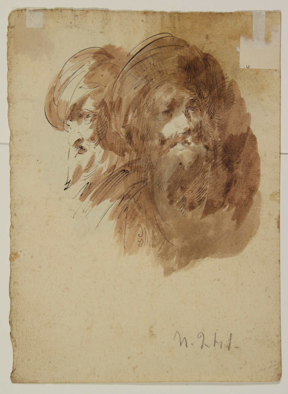 Due teste barbute con turbante, Due teste barbute con turbante (disegno) di Bison, Giuseppe Bernardino (secondo quarto secc. XVIII/ XIX)