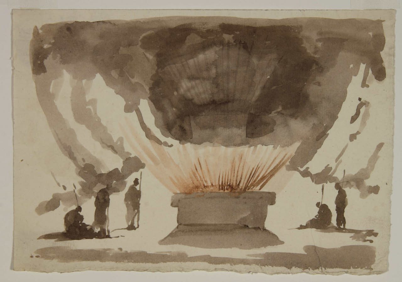 Scena con figurette armate e un sepolcro, Scena con figurette armate e un sepolcro (disegno) di Bison, Giuseppe Bernardino (secc. XVIII/ XIX)