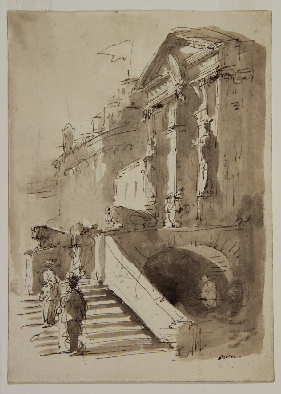 Veduta di architetture con scalinata d'accesso e macchiette, Veduta di architetture con scalinata d'accesso e macchiette (disegno) di Bison, Giuseppe Bernardino (secc. XVIII/ XIX)