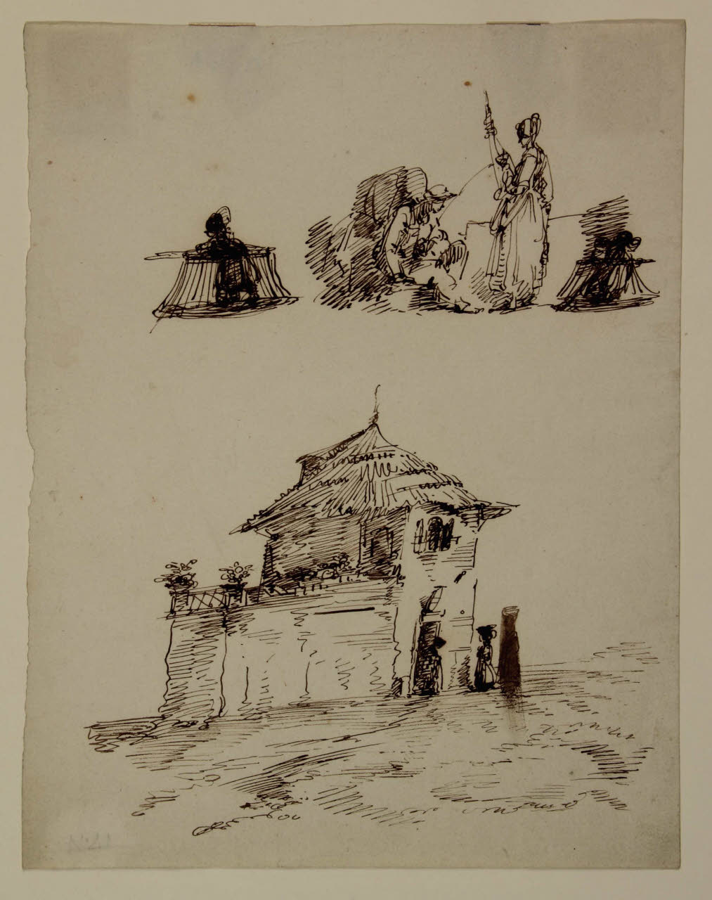 Studi per una casa e per macchiette, Studi per una casa e per macchiette (disegno) di Bison, Giuseppe Bernardino (secc. XVIII/ XIX)