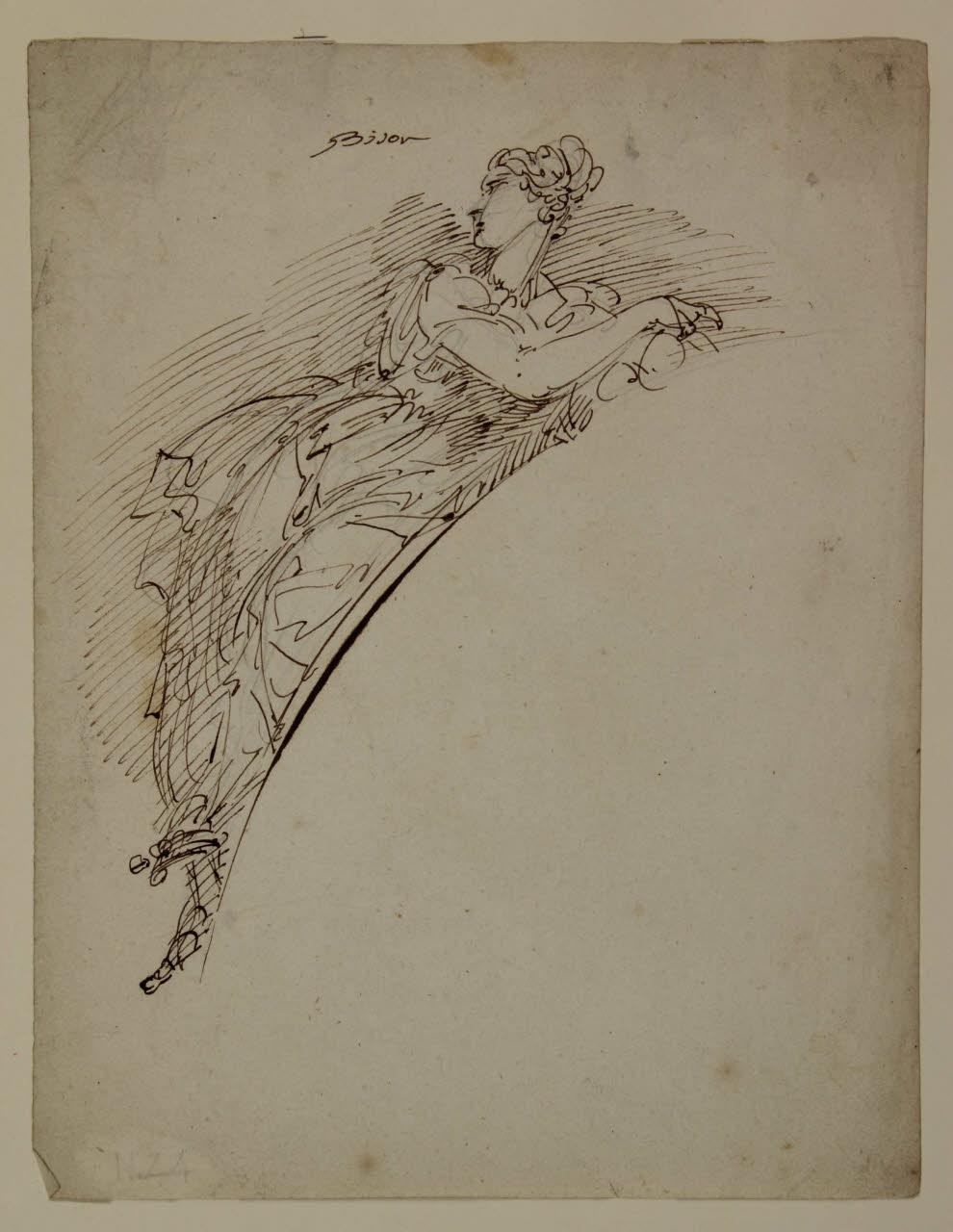 Figura femminile adagiata per pennacchio di volta, Figura femminile adagiata per pennacchio di volta (disegno) di Bison, Giuseppe Bernardino (secc. XVIII/ XIX)