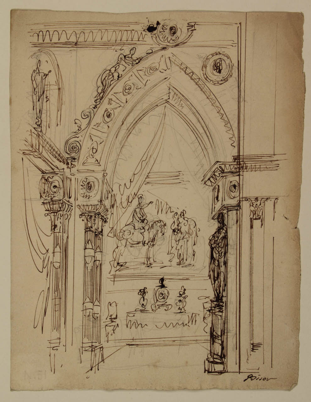 Veduta architettonica con decorazioni e figure, Veduta architettonica con decorazioni e figure (disegno) di Bison, Giuseppe Bernardino (secc. XVIII/ XIX)