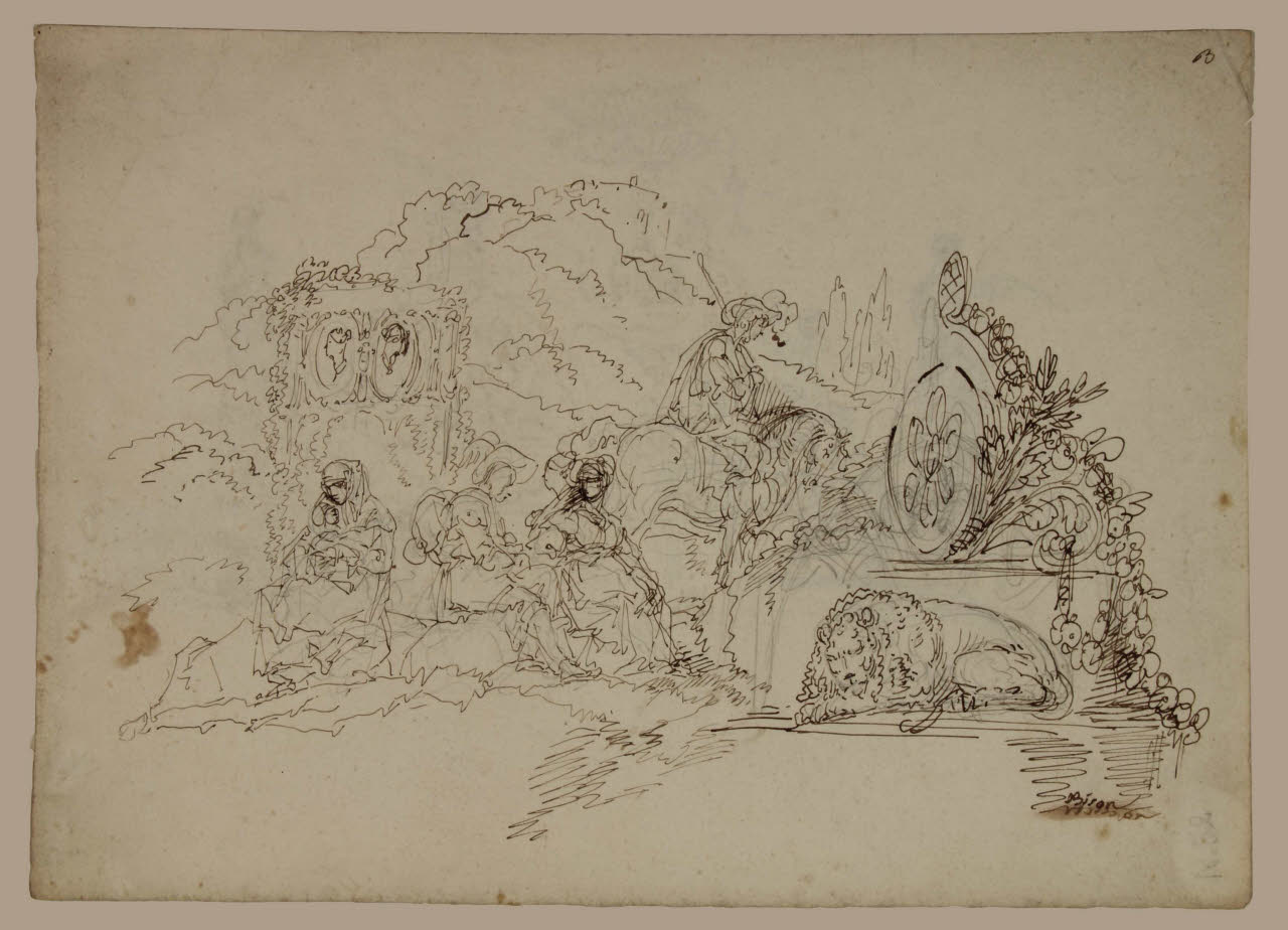 Parco con figure, animali e ornamenti, Parco con figure, animali e ornamenti (disegno) di Bison, Giuseppe Bernardino (secc. XVIII/ XIX)