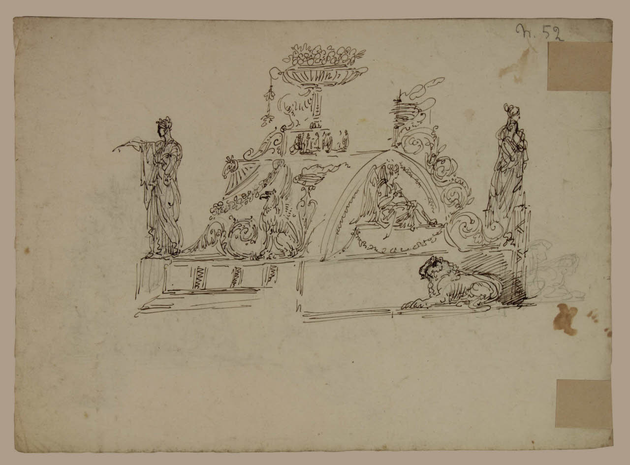 Composizione ornamentale con vasi, statue, animali allegorici e fiori, Composizione ornamentale con vasi, statue, animali allegorici e fiori (disegno) di Bison, Giuseppe Bernardino (secc. XVIII/ XIX)